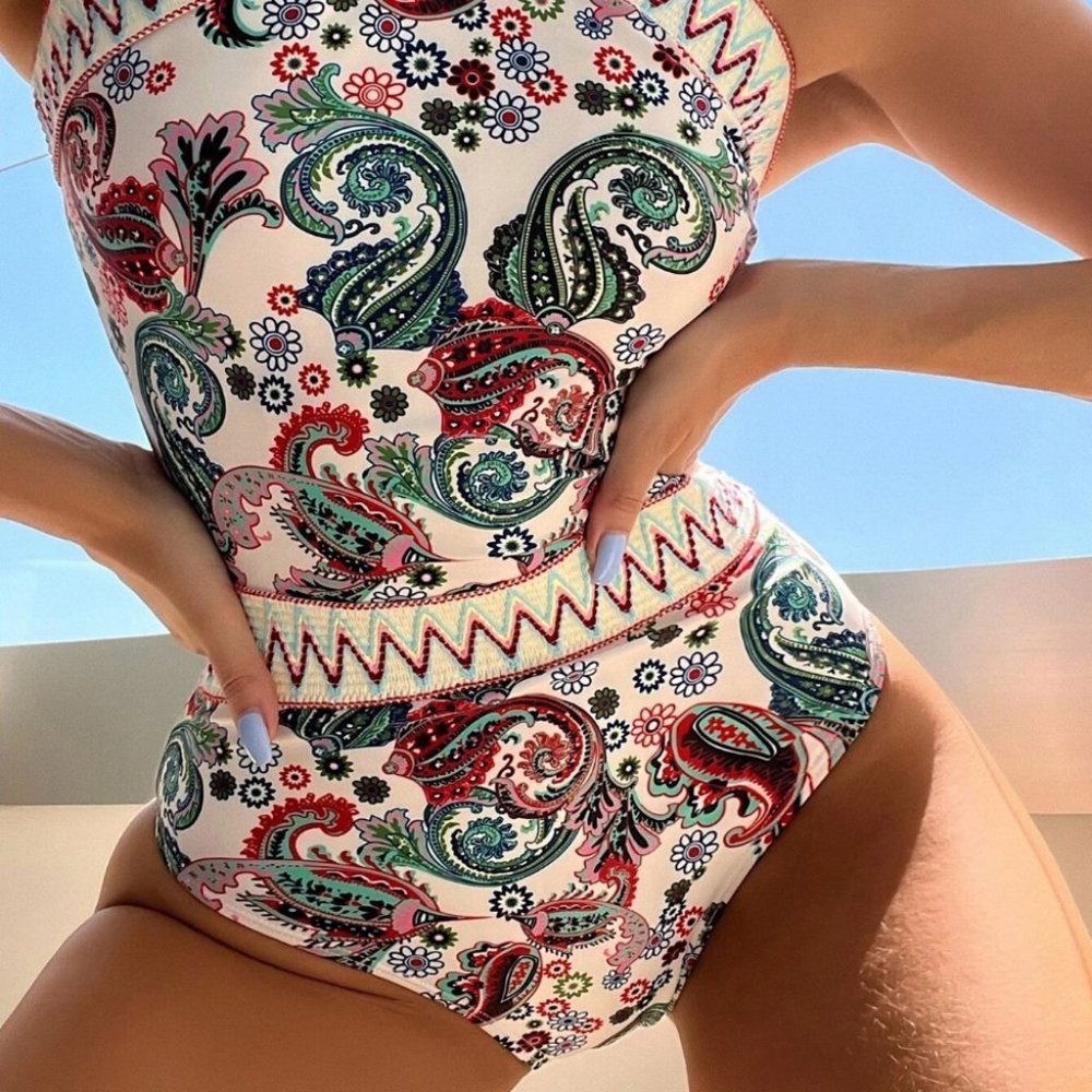 Boho Paisley Chevron Stripe Tape High Neck One Piece Swimsuit - Picture 5 of 8